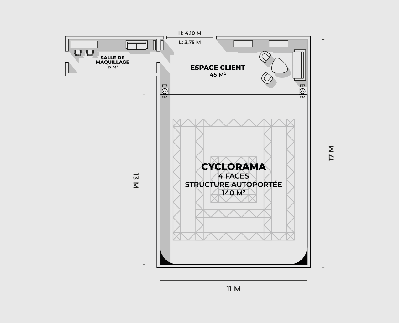Plan du plateau Rodeo Drive Studio — cyclorama 4 faces 140 m², espace client, salle de maquillage